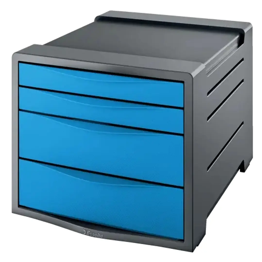 Esselte Europost Vivida Buc de 4 Cajones - 2 Medidas de Cajon - Deslizamiento Suave - Base con Goma Antideslizante - Color Gris/Azul 1