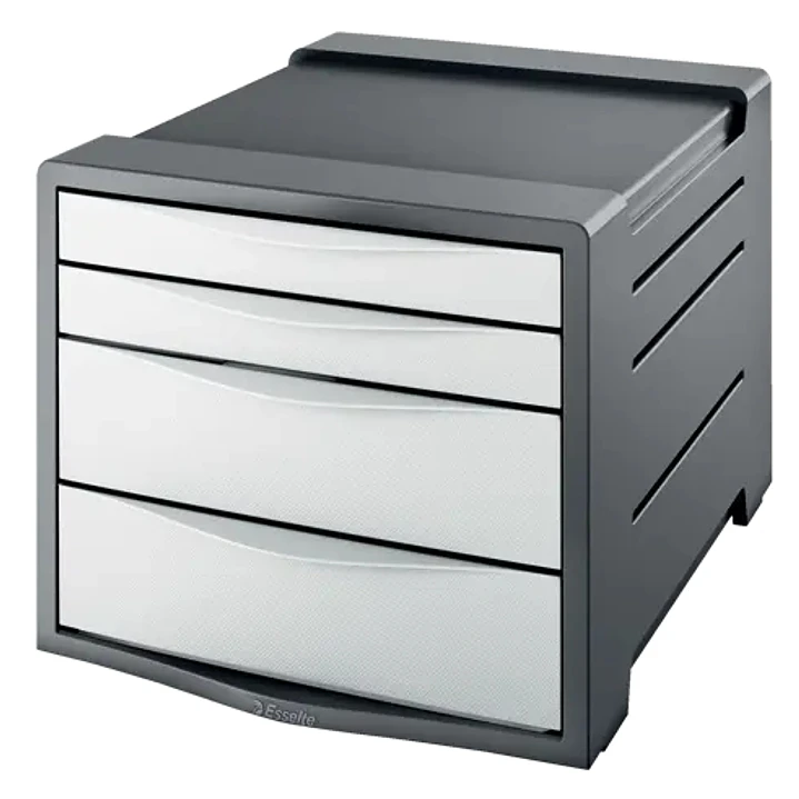 Esselte Europost Vivida Buc de 4 Cajones - 2 Medidas de Cajon - Deslizamiento Suave - Base con Goma Antideslizante - Color Gris/Blanco 1