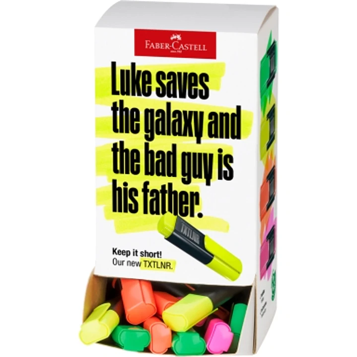 Faber-Castell TXTLNR Expositor con 60 Marcadores Fluorescentes - Punta Biselada - Trazo entre 1, 2 y 5 mm - Tinta con Base de Agua - Colores Neon Surt 1