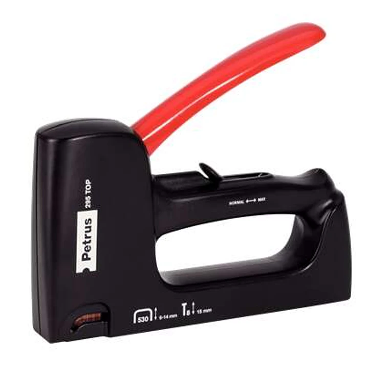 Petrus 295 Top Clavadora/Grapadora - Para Grapas 530/6 a 14mm y Pins Tipo 8 de 15mm - Ajuste de Potencia - Color Negro/Rojo 1