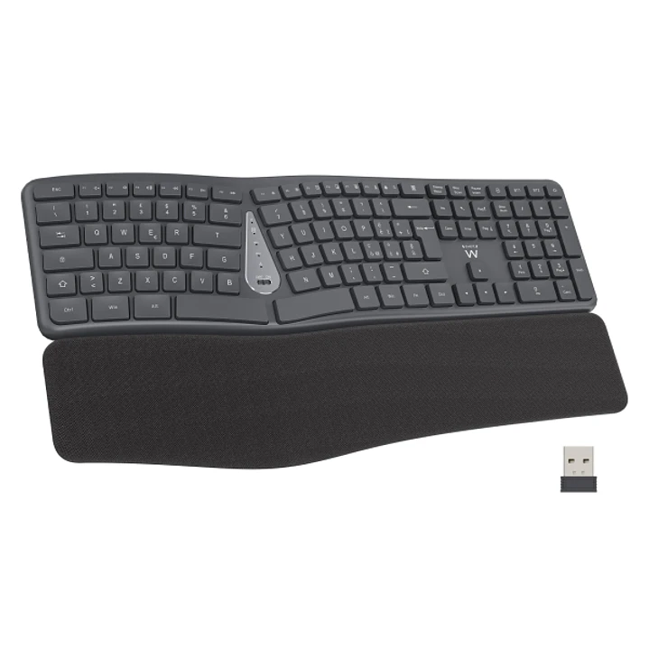 Ewent Teclado Inalambrico - Ergonomico - Bateria de Litio Recargable de 300mAh - Disposicion Portuguesa QWERTY PT - Teclas de Bajo Perfil y Silenciosa 1