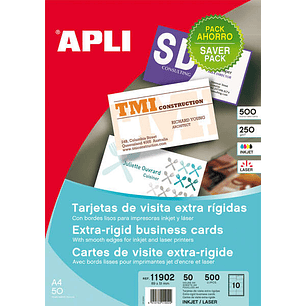 Apli Pack con 500 Tarjetas de Visita Mate - Cartulina de 250g/m² - 50 Hojas por 10 Tarjetas - Cantos Rectos - Color Blanco