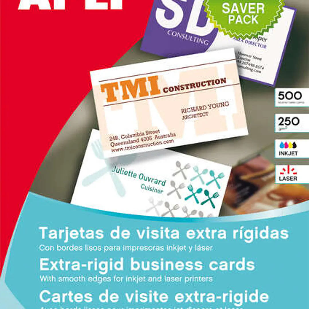 Apli Pack con 500 Tarjetas de Visita Mate - Cartulina de 250g/m² - 50 Hojas por 10 Tarjetas - Cantos Rectos - Color Blanco 1