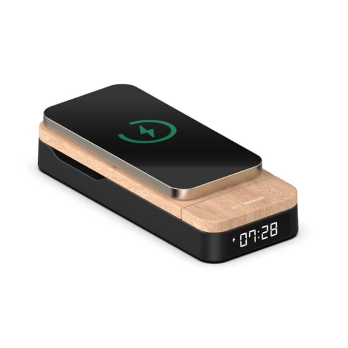 Thomson Reloj Despertador Plegable 3 en 1 - Cargadores Induccion Compatibles con Android y Apple - Cargador USB-C - Brillo Ajustable - Color Madera y  1