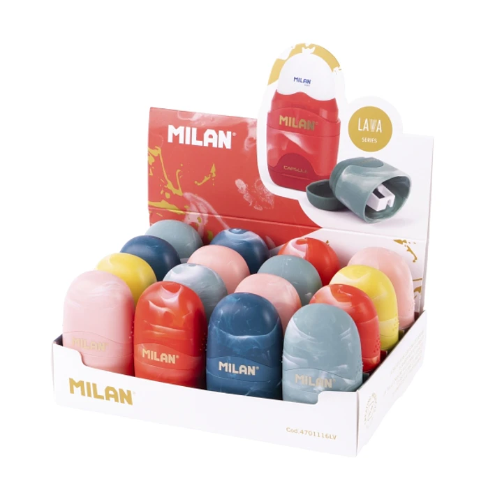 Milan Capsule Lava Expositor con 16 Afilaborras - Goma Miga de Pan - Deposito Integrado - Cuchilla de Acero de Seguridad - Colores Surtidos 1