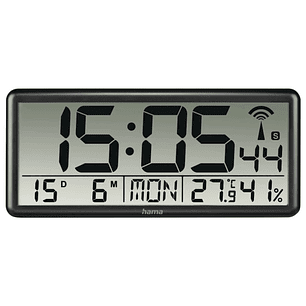 Hama Jumbo Reloj de Pared Digital - Termometro - Higrometro - Zona Horaria Ajustable - Radio - 36x16x3cm - Color Negro