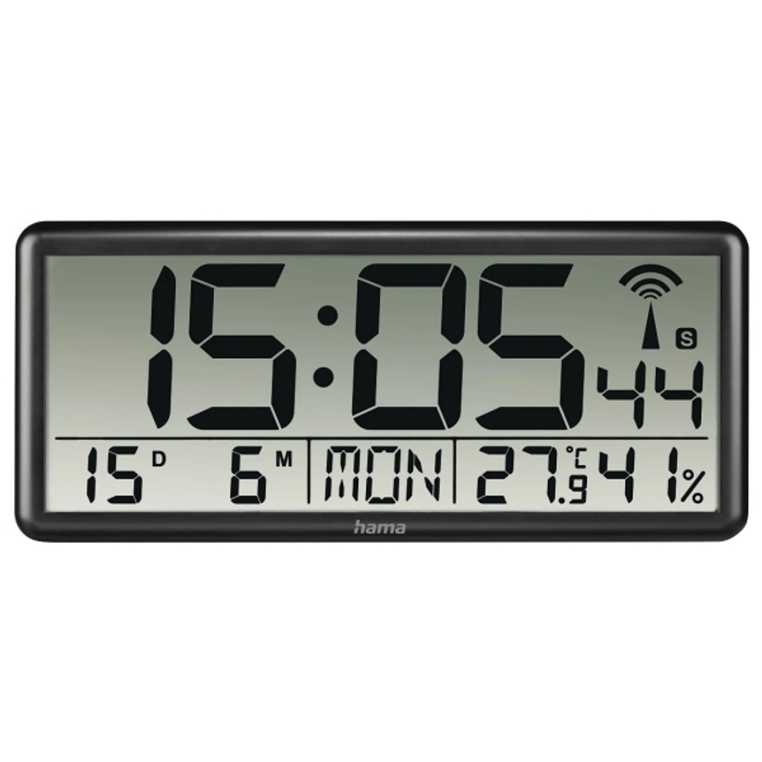 Hama Jumbo Reloj de Pared Digital - Termometro - Higrometro - Zona Horaria Ajustable - Radio - 36x16x3cm - Color Negro 1
