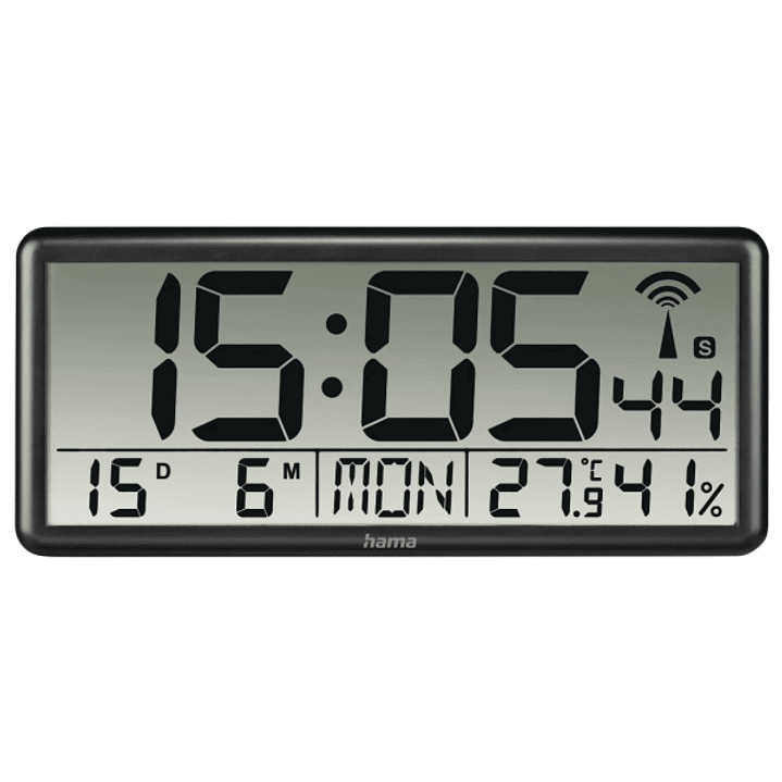 Hama Jumbo Reloj de Pared Digital - Termometro - Higrometro - Zona Horaria Ajustable - Radio - 36x16x3cm - Color Negro 1