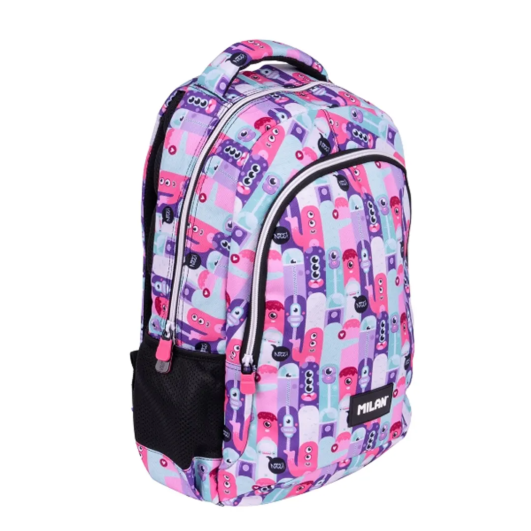 Milan Aliens 2 Mochila Escolar 21L - Bolsillos Laterales de Malla - Compartimento Interior para Portatil - 2 Cremalleras - 45x30x12cm - Color Rosa 1