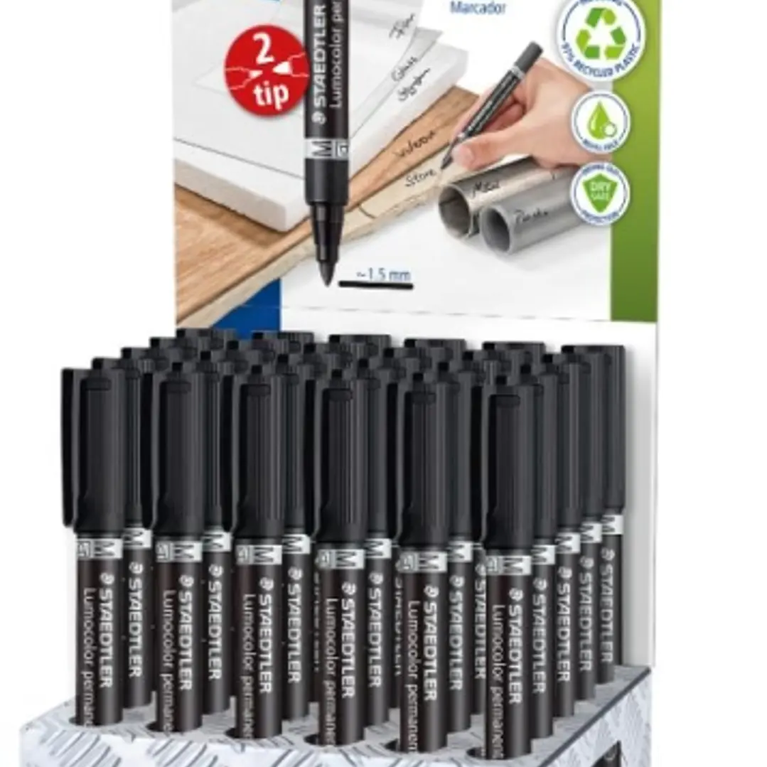 Staedtler Lumocolor 348 Expositor con 30 Rotuladores Permanentes de Doble Punta - Secado Rapido - Color Negro 1
