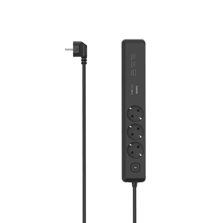 Hama Regleta Alimentacion con 6 Tomas - Cable 1.4m - 3x Schuko - 2x USB-C - 1x USB-A - Interruptor de Encendido - Enchufe Schuko en Angulo - Power Del 1