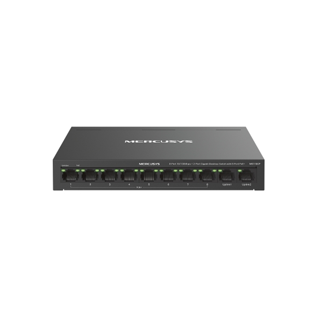 Mercusys MS110CP Swtich 10 Puertos RJ45 - 8 Puertos 10/100Mbps PoE+ - 2 Puertos Gigabit - Hasta 250 Metros de Alcance - Color Negro 1