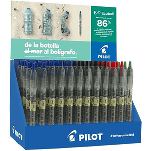 Pilot Expositor 60 Boligrafos de Bola Retractiles B2P Ecoball BeGreen + 10 B2P Gel BeGreen - 86,64% de Plastico Reciclado - Recargable - Colores surti