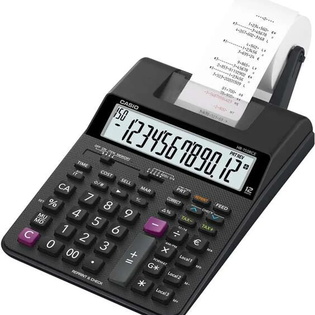 Casio HR150RCE Calculadora Impresora de Sobremesa - Pantalla de 12 Digitos - Anchura del Papel 58mm - Imprime Hora y Fecha - Alimentacion con Pilas 1