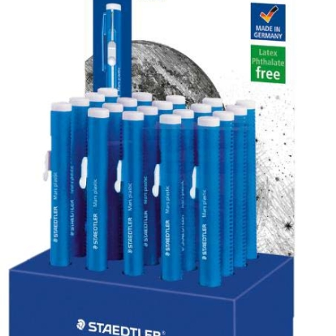 Staedtler Mars Plastic 528 50 Expositor con 20 Portagomas en Forma de Lapiz - Con Cursor para Deslizar la Goma - Sin Ftalatos ni Latex 1