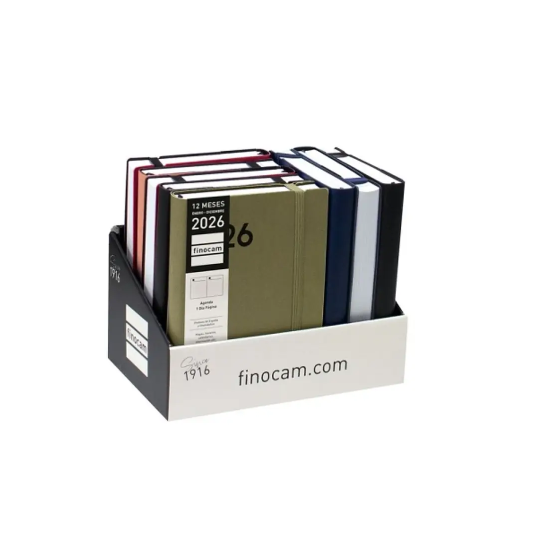 Finocam Dynamic Mara Expositor con 8 Agendas Surtidas en Catalan - Anual 2026 - Tapa Blanda - Cierre con Goma Elastica - Formato Y4 - 1 Dia por Pagina 1