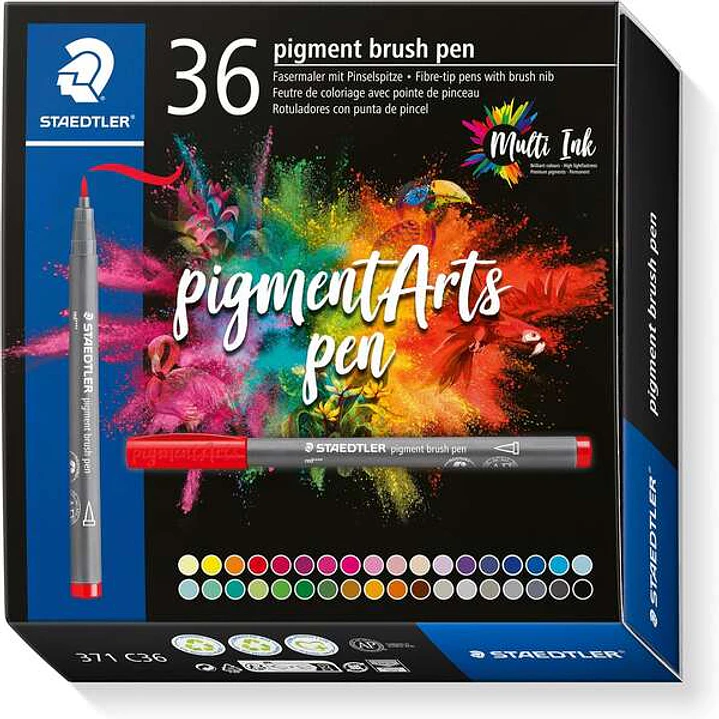 Staedtler 371 Pack de 36 Rotuladores Punta de Pincel Suave - Colores Vivos y Brillantes - No Amarillea con el Paso del Tiempo - Nueva Tinta Multi Ink  1