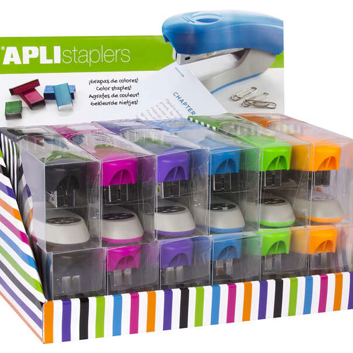 Apli Expositor de Grapadoras Office - Tamaño de Grapas Nº22/6-24/6 - 12 Unidades en Colores Surtidos - Incluye 2000 Grapas por Grapadora 1