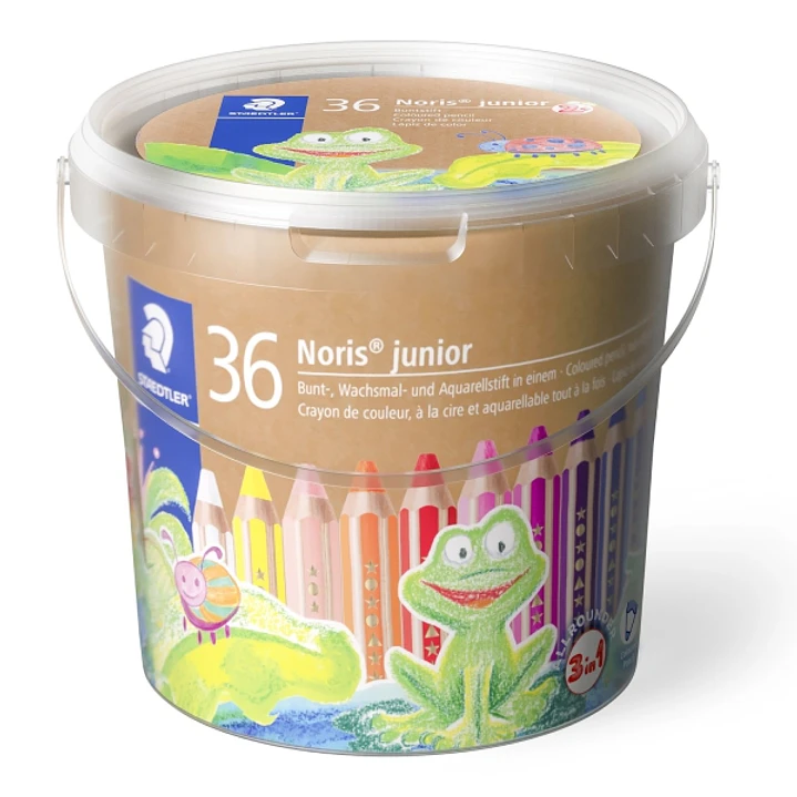 Staedtler Noris Junior Bote con 36 Lapices de Colores Extragruesos + 3 Sacapuntas + Pincel - 3 en 1, Lapiz, Cera y Acuarelable - Colores Surtidos 1