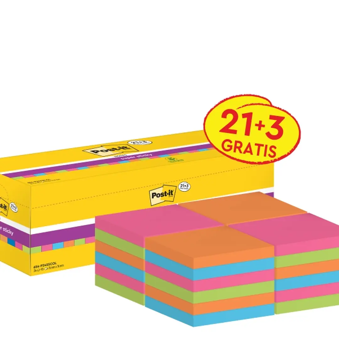 Post-It Super Sticky Pack de 24 Blocs de 90 Notas Adhesivas Reposicionables - 76x76mm - Promocion 21 Blocs + 3 Gratis - Colores Surtidos 1