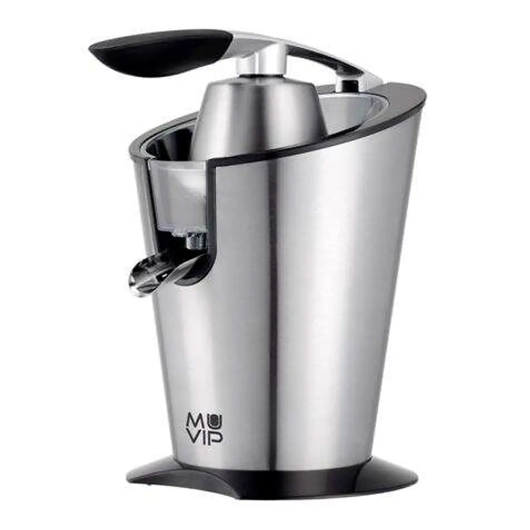 Muvip Exprimidor Electrico Inox 600W - Cuerpo, Mango y Filtro de Acero Inoxidable - Sistema Antigoteo - 2 Tamaños de Conos 1