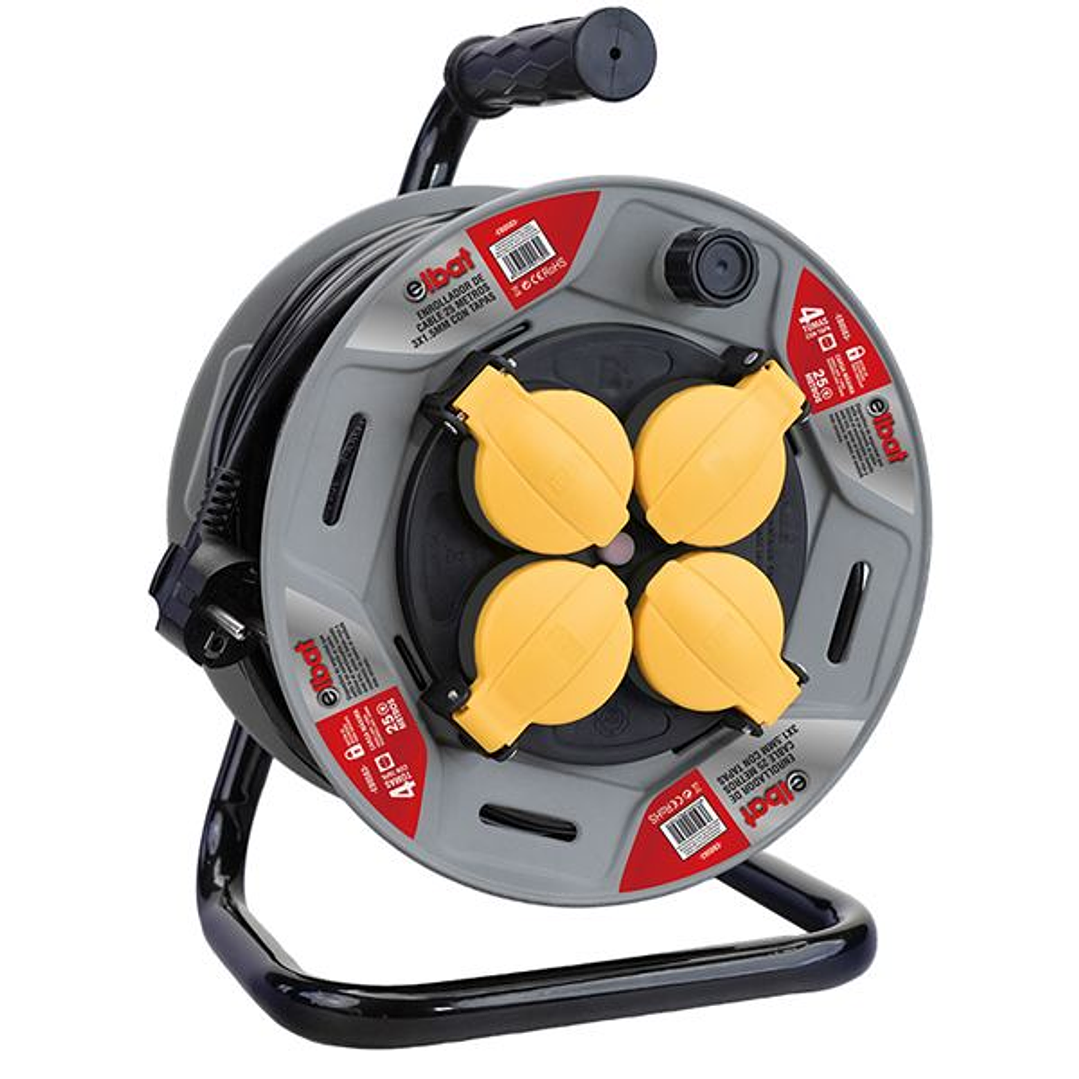 Elbat Enrollador Alargador con Proteccion Termica - 4 Shukos - Carga Maxima Enrollado 1100W, Desenrollado 3200W - Cable de 25m 1