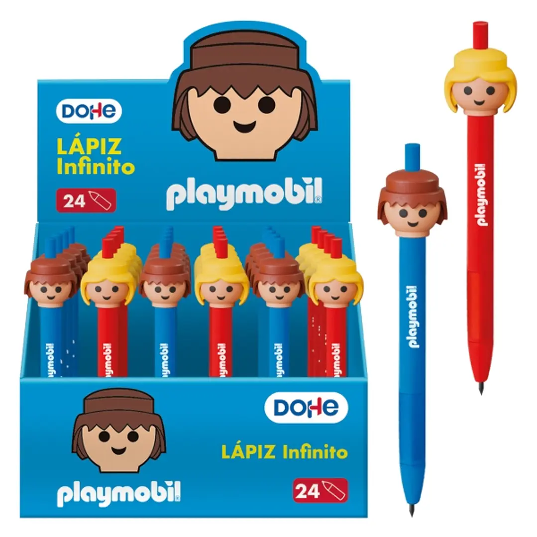 Dohe Playmobil Expositor de 24 Lapices Infinitos - Grip de Caucho - Se Borra Facilmente - Decorados con Motivos de los Muñecos Playmobil 1