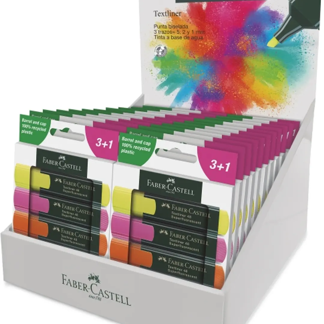 Faber-Castell Textliner 48 Expositor con 22 Packs de 4 Marcadores Fluorescentes - Punta Biselada - Trazo entre 1.2mm y 5mm - Tinta con Base de Agua -  1