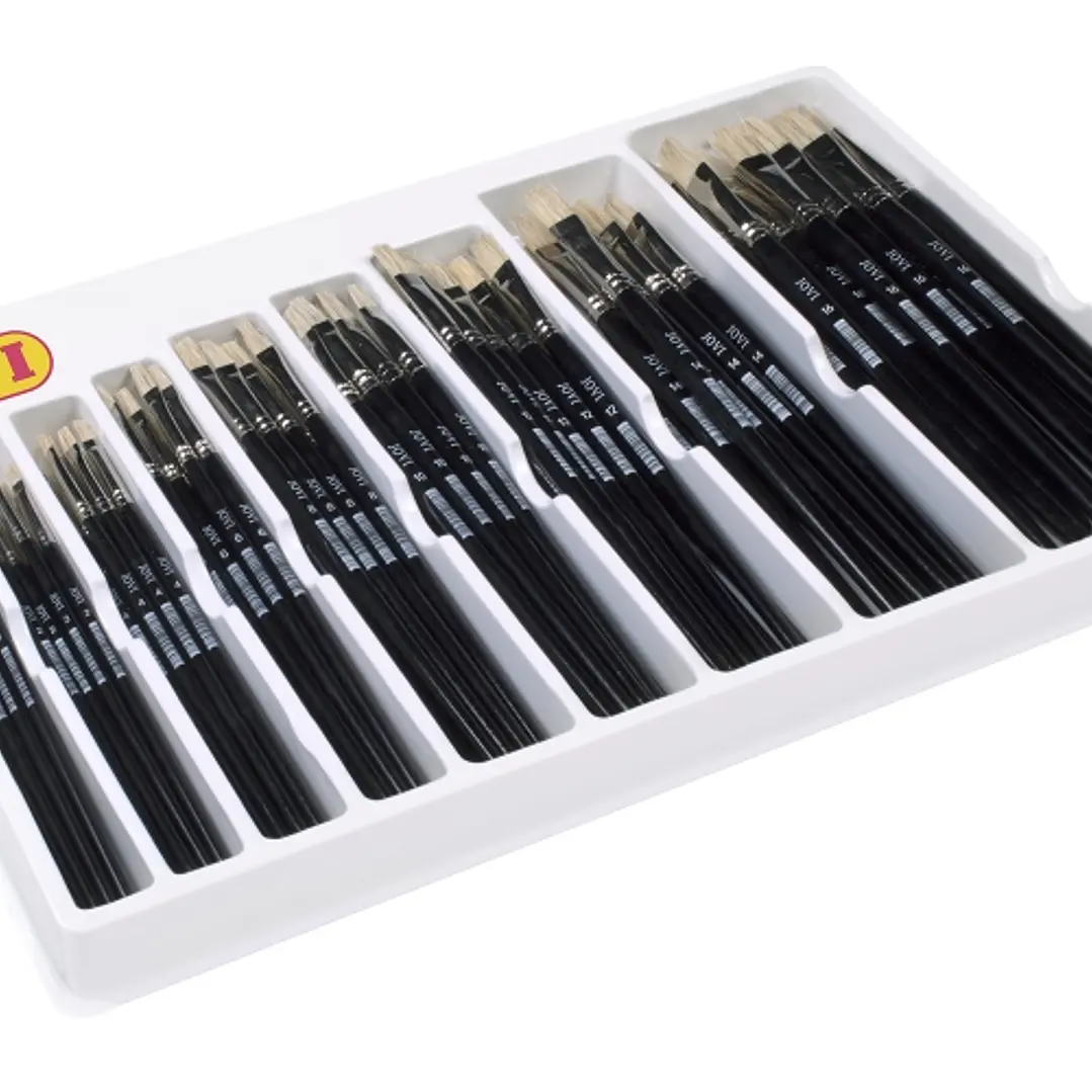 Jovi Caja Expositora de 108 Pinceles Artisticos Planos Pelo Cerda Surtidos - Pelo Natural - Mango de Madera - Punta Plana - Pelo Duro - Color Negro 1