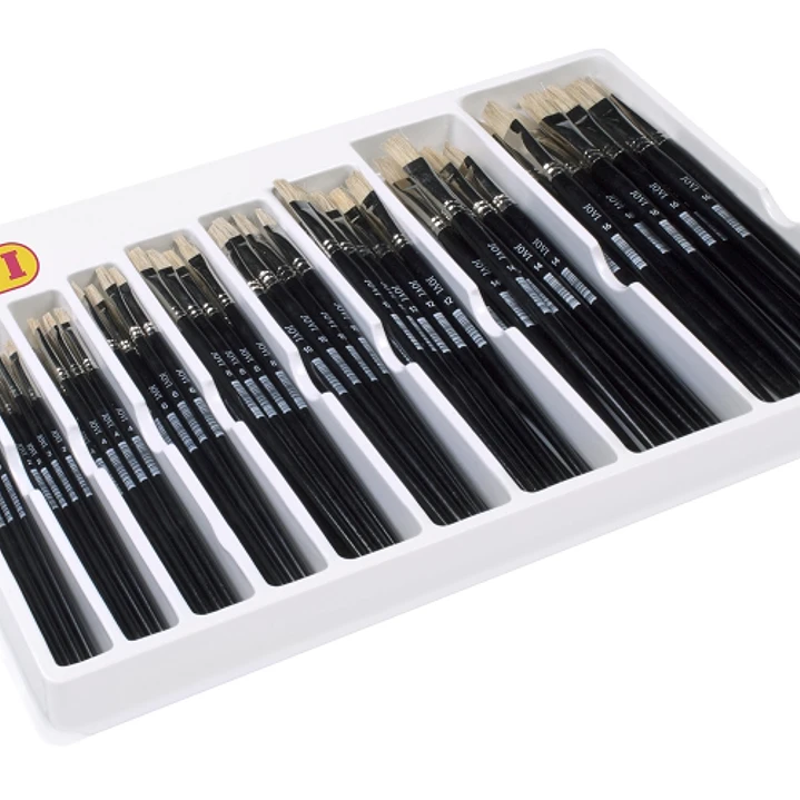 Jovi Caja Expositora de 108 Pinceles Artisticos Planos Pelo Cerda Surtidos - Pelo Natural - Mango de Madera - Punta Plana - Pelo Duro - Color Negro 1