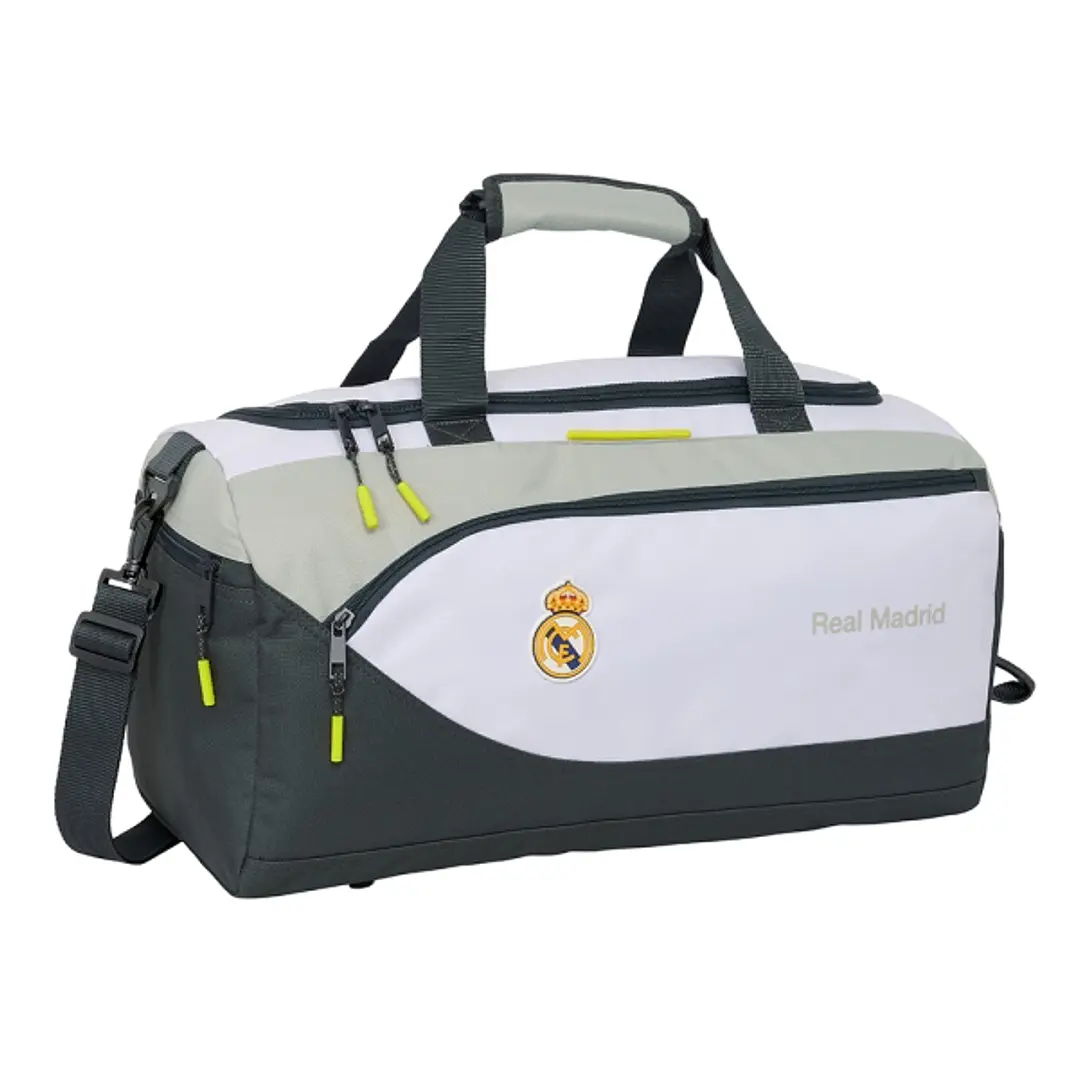 Safta Real Madrid Equipacion 25/26 Bolsa Deporte - Asa de Mano - Bandolera Ajustable y Extraible - 50x25x25cm - Color Blanco/Negro 1