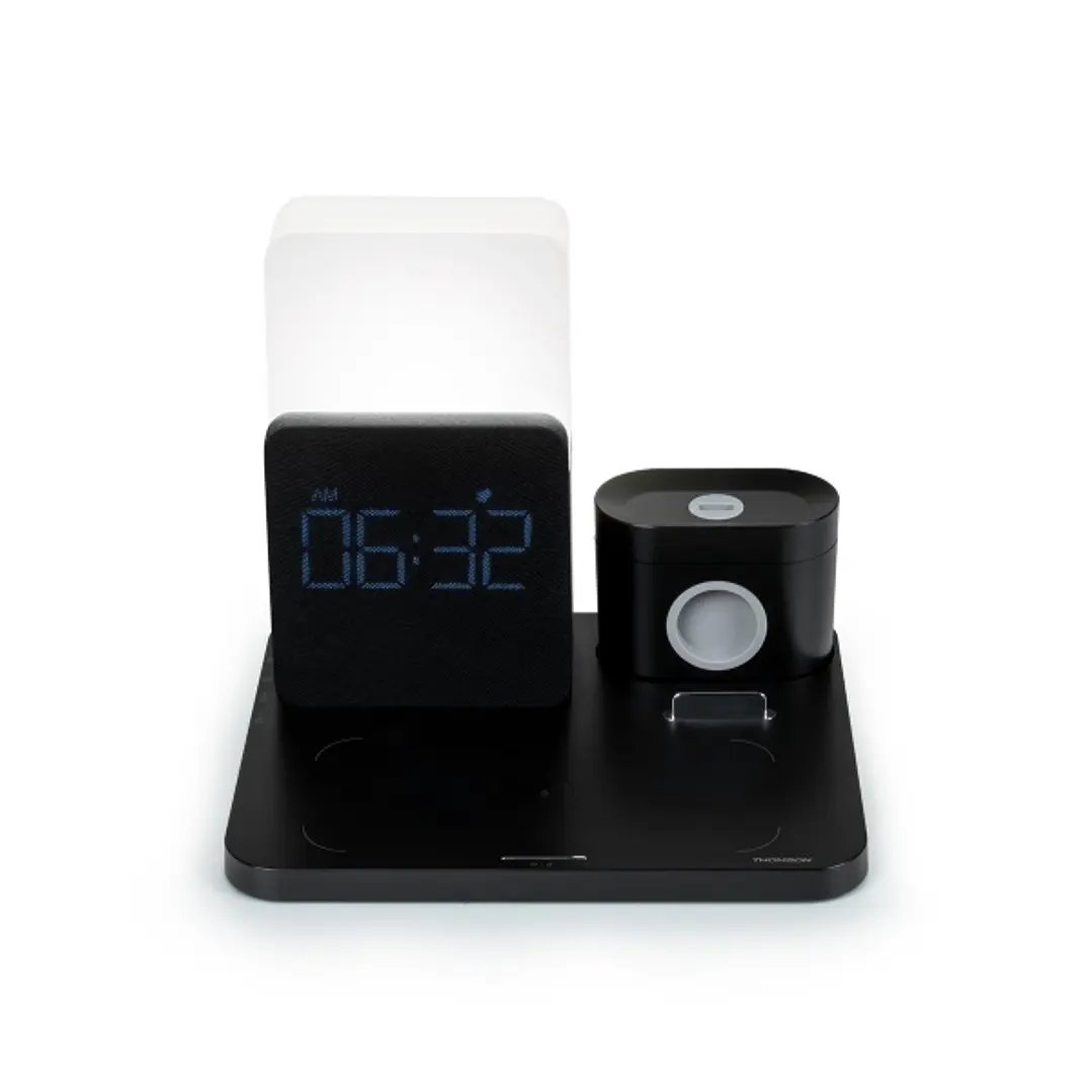 Thomson Reloj Despertador con Estacion de Carga Inalambrica para Smartphone, Smartwatch - Carga USB-C para Auriculares - Pantalla LCD - Luz Nocturna L 1