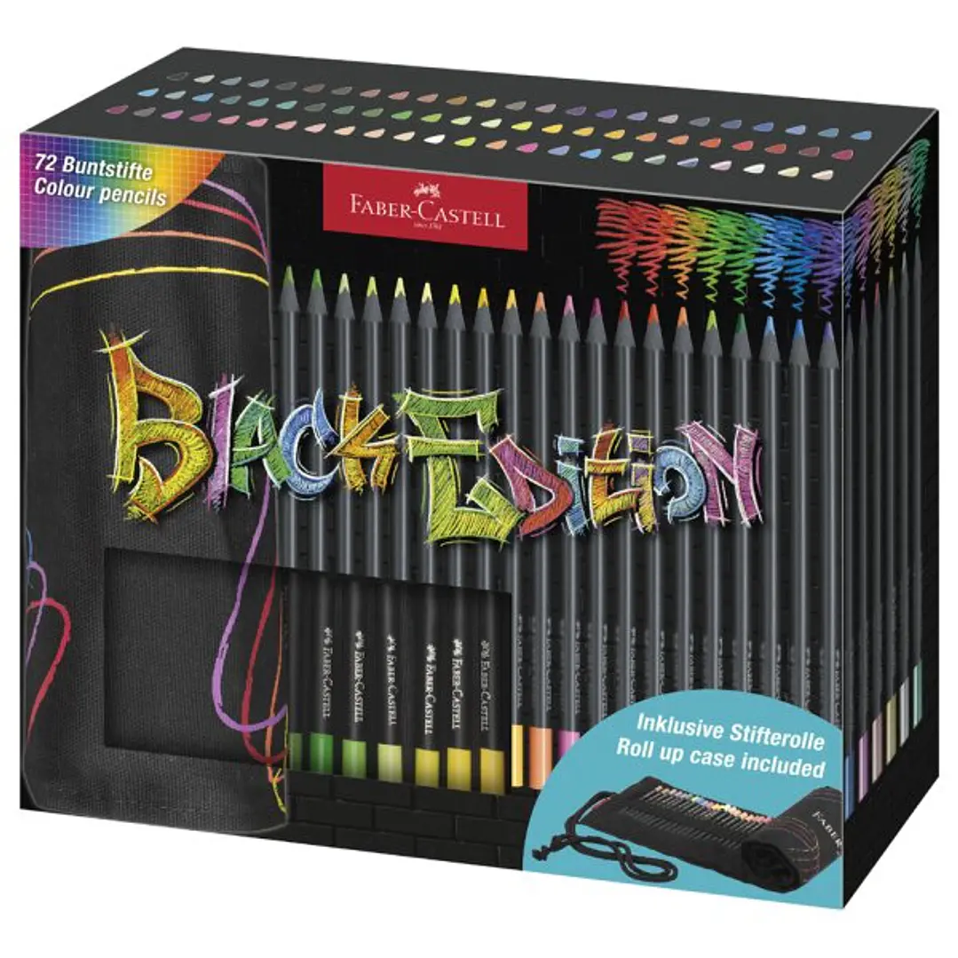 Faber-Castell Black Edition Pack Enrollable de 72 Lapices de Colores - Mina Supersuave - Madera Negra - Ideales para Dibujo sobre Papel Claro, Oscuro  1