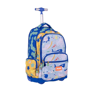 Milan Blue Odyssey Mochila Escolar 25L con Carro Integrado y Mango Metalico Retractil - 3 Bolsillos Delanteros - 2 Bolsillos Laterales - 6 Cremalleras