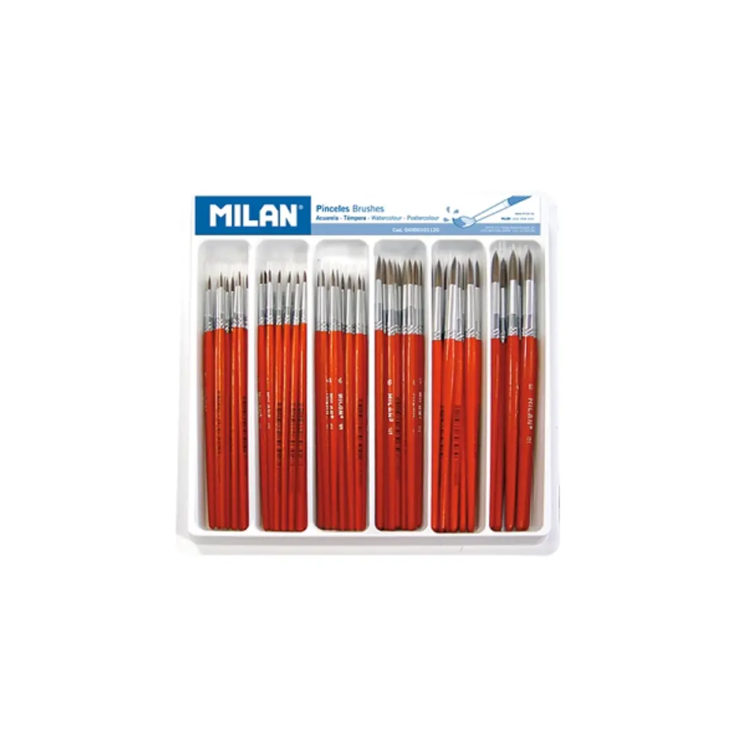 Milan 101 Pack de 120 Pinceles Escolares Redondos - Bandeja - Formatos Surtidos - Color Marron 1