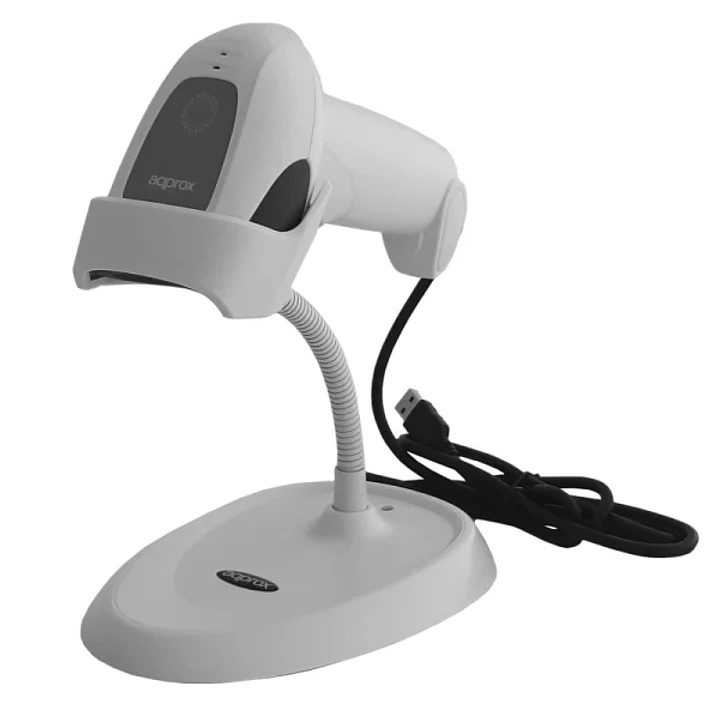 Approx Lector de Codigos de Barras 1D USB con Soporte - Indicador LED, Beeper - Velocidad 300 veces por Segundo - Color Blanco 1