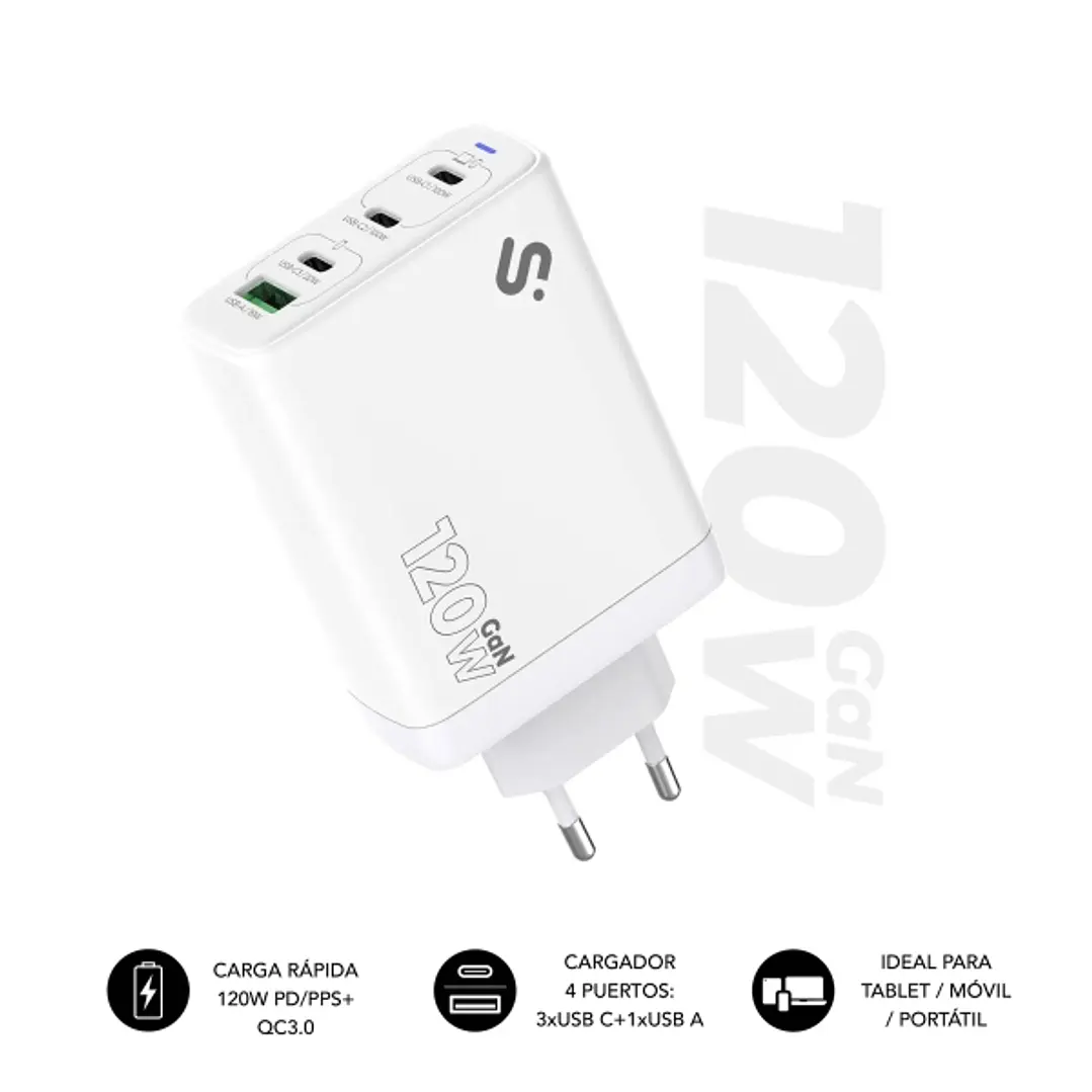 Subblim Cargador de Pared GaN 120W - 4 Puertos (3xUSB-C + 1xUSB-A) -  Carga ultra rápida - Color Blanco 1