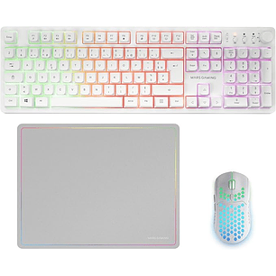 Mars Gaming MCPWX Combo Pack Gaming 3en1 - Teclado Hibrido H-Mech - Disposicion Francesa AZERTY FR - Raton 3200dpi - Switches HUANO - Color Blanco