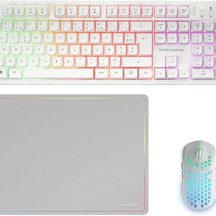 Mars Gaming MCPWX Combo Pack Gaming 3en1 - Teclado Hibrido H-Mech - Disposicion Francesa AZERTY FR - Raton 3200dpi - Switches HUANO - Color Blanco 1