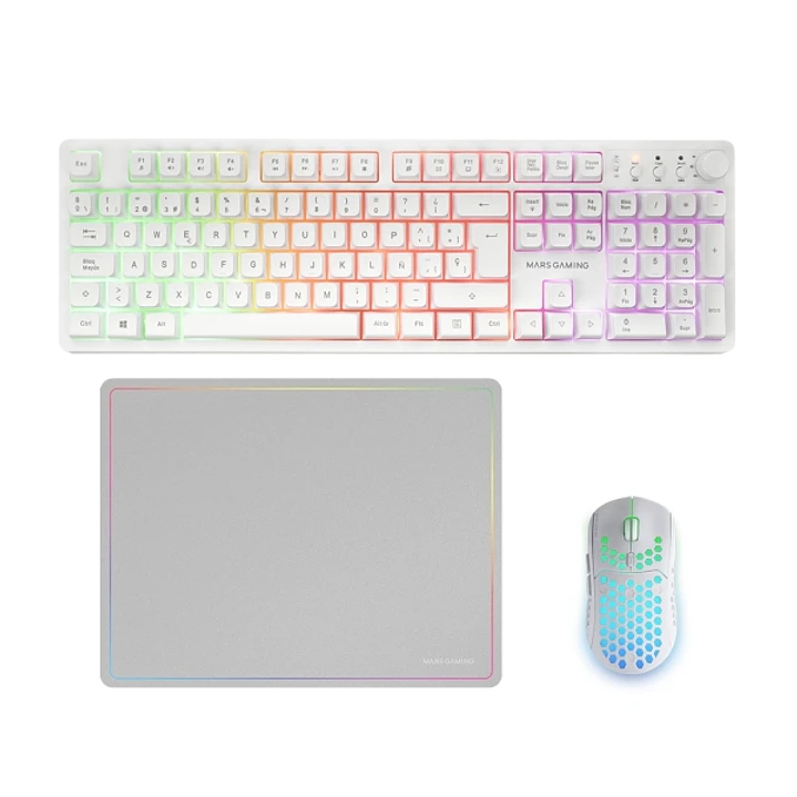 Mars Gaming MCPWX Combo Pack Gaming 3en1 - Teclado Hibrido H-Mech - Disposicion QWERTY ES - Raton 3200dpi - Switches HUANO - Color Blanco 1