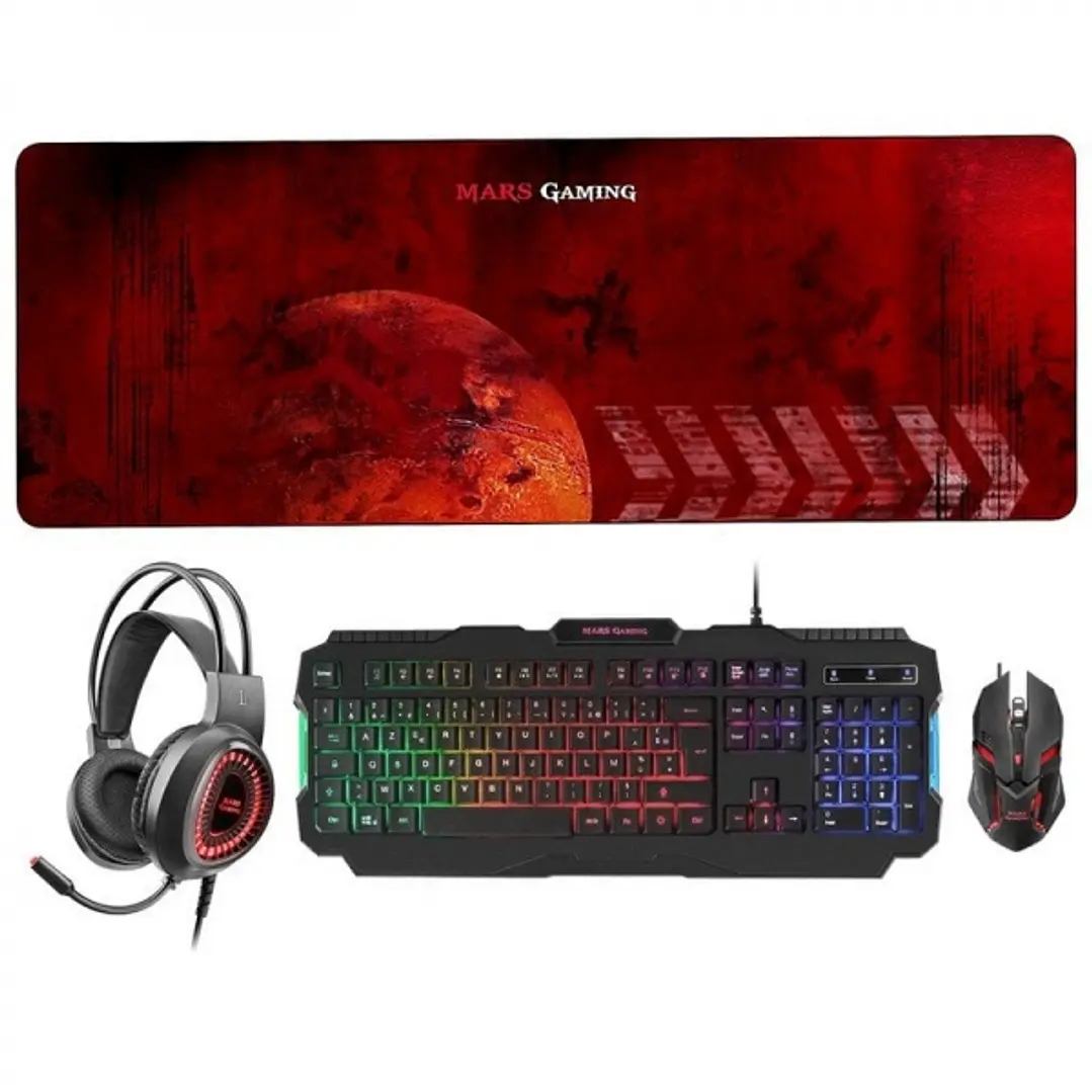 Mars Gaming MCPRGB2 Combo Gaming - Teclado RGB Rainbow - Raton 4000DPI RGB Flow - Auriculares RGB Flow - Alfombrilla XXL - Maxima compatibilidad - Col 1
