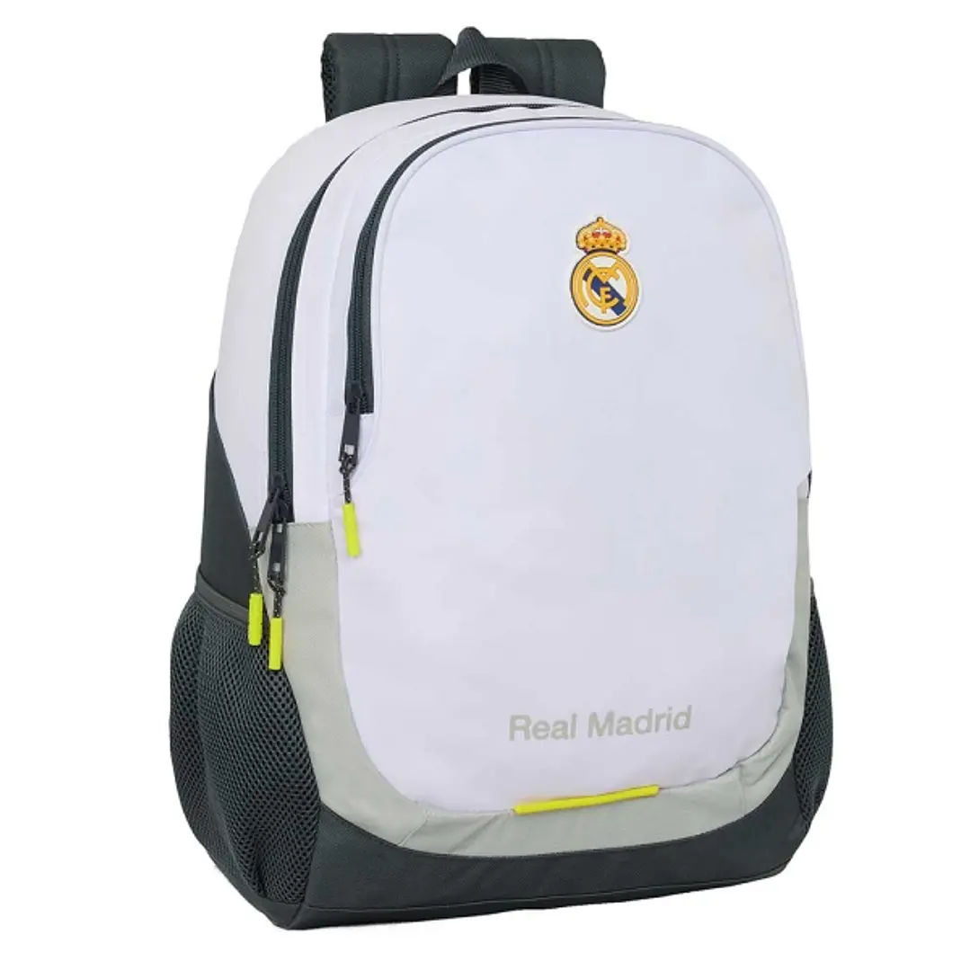 Safta Real Madrid Mochila Escolar de 23L - Adaptable a Carro - 2 Compartimentos - Portabotellas - 32x44x16cm - Color Blanco y Negro 1