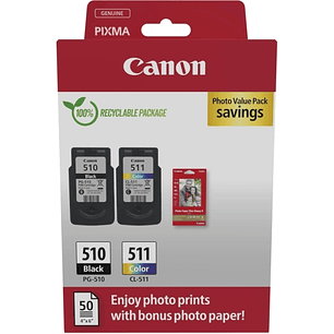 Canon PG-510/CL-511 Multipack de 2 Cartuchos de Tinta Originales + 50 Hojas de Papel Fotografico - 2970B017