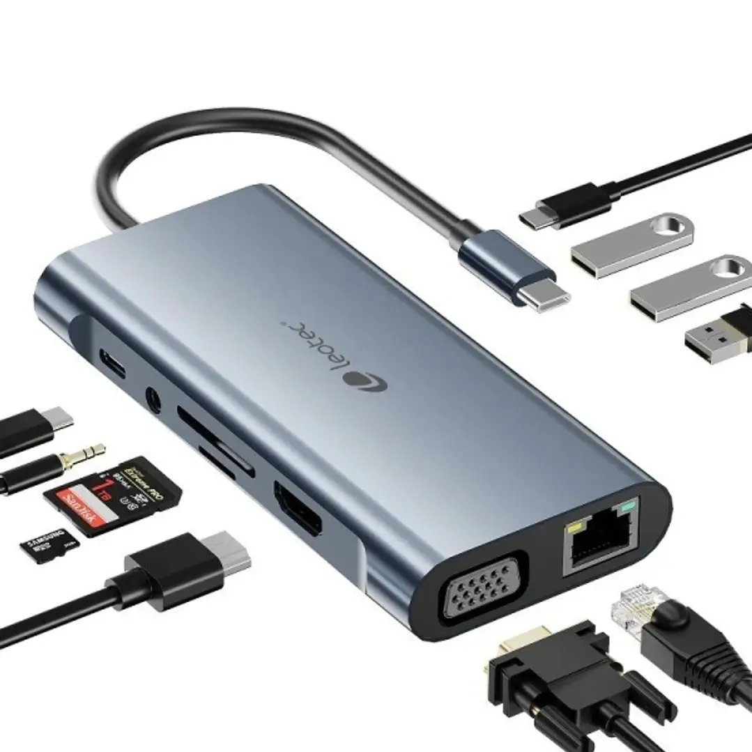 Leotec Adaptador 11 en 1 USB-C a 1xHDMI, 1xVGA, 1xRJ45, 3xUSB-A 3.0, 1xUSB-C PD, 1xUSB-C, 1xTF+1xSD, 1x Audio - Color Gris 1