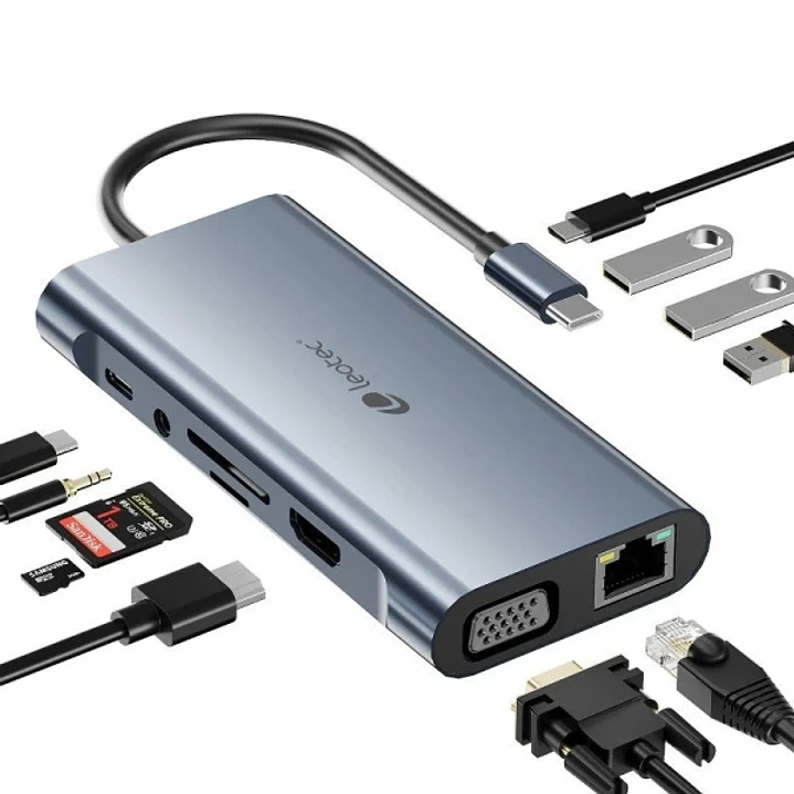Leotec Adaptador 11 en 1 USB-C a 1xHDMI, 1xVGA, 1xRJ45, 3xUSB-A 3.0, 1xUSB-C PD, 1xUSB-C, 1xTF+1xSD, 1x Audio - Color Gris 1