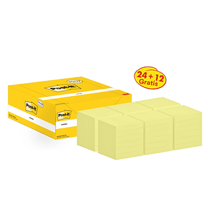 Post-It Pack de 36 Blocs de 100 Notas Adhesivas Reposicionables - Forma Cuadrada - 76x76mm - Color Amarillo Claro
