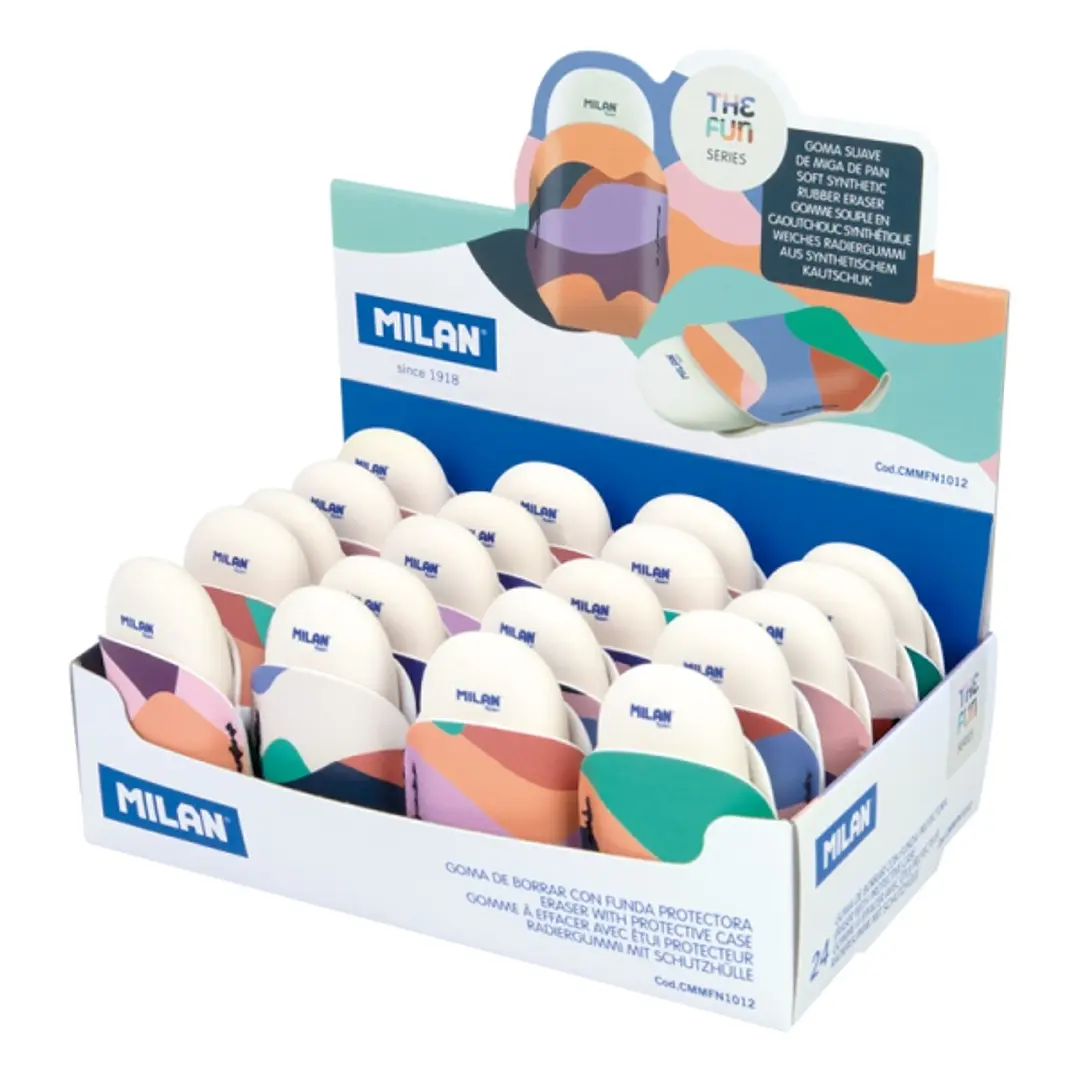Milan The Fun 1012 Expositor con 24 Gomas de Borrar con Funda - Miga de Pan - Caucho Sintetico - Ovaladas - Colores Surtidos 1