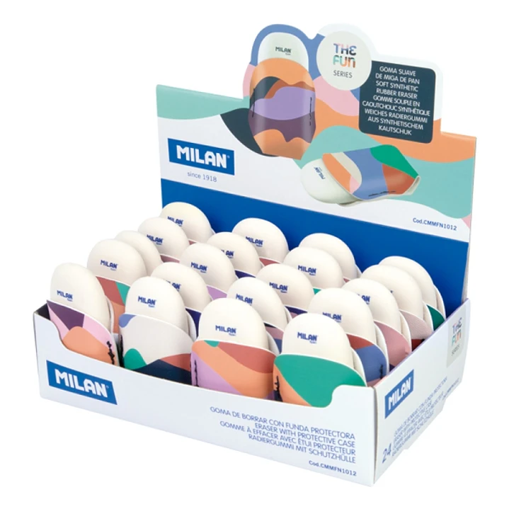 Milan The Fun 1012 Expositor con 24 Gomas de Borrar con Funda - Miga de Pan - Caucho Sintetico - Ovaladas - Colores Surtidos 1