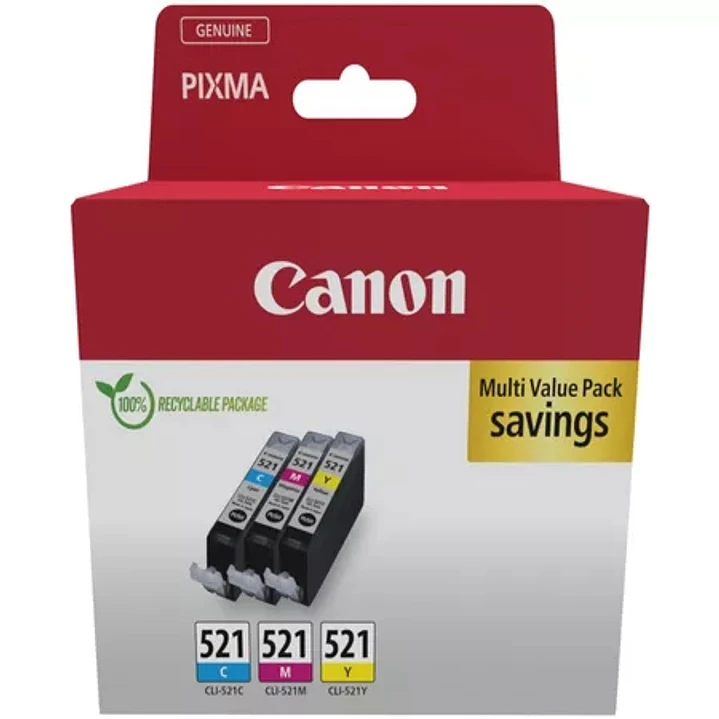 Canon CLI521 Pack de 3 Cartuchos de Tinta Originales - Cian, Magenta, Amarillo - 2934B015/2934B010 1