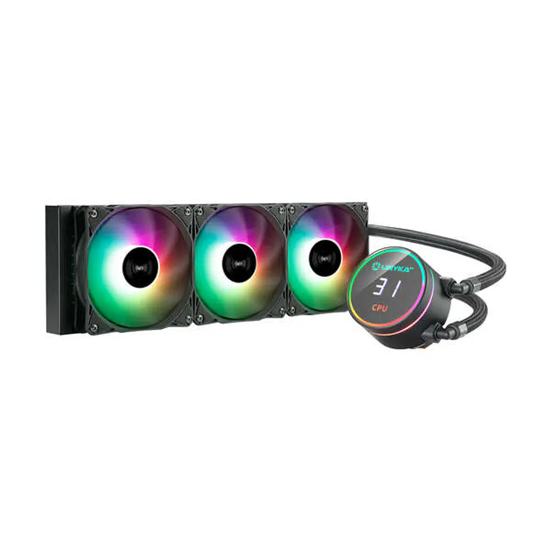 Unykach Aquastorm 360 Kit de Refrigeracion Liquida - 3 Ventiladores de 120mm - Iluminacion RGB - Visualizacion Temperatura CPU - Tubo de 38mm 1